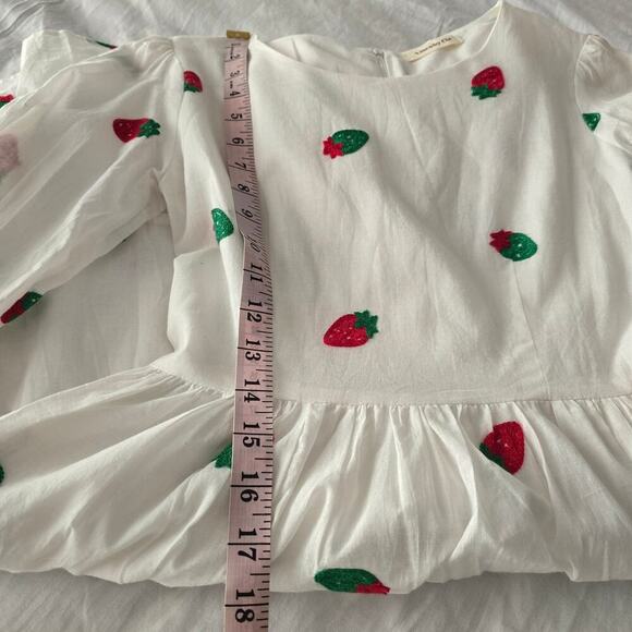 Womens White Linen Midi Strawberry Embroidered S Cottagecore Sundress PuffSleeve - Picture 8 of 11
